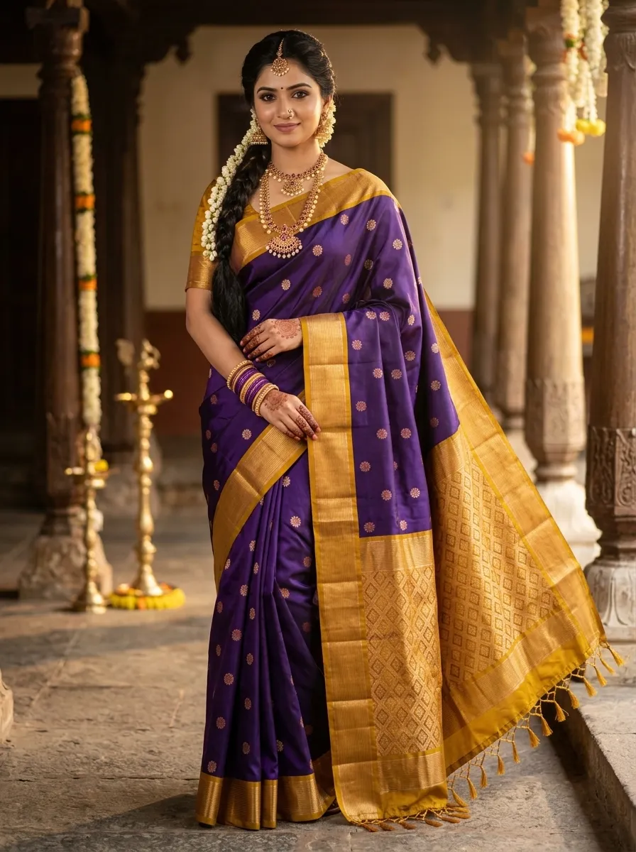 Royal Purple & Mustard Yellow Temple Saree